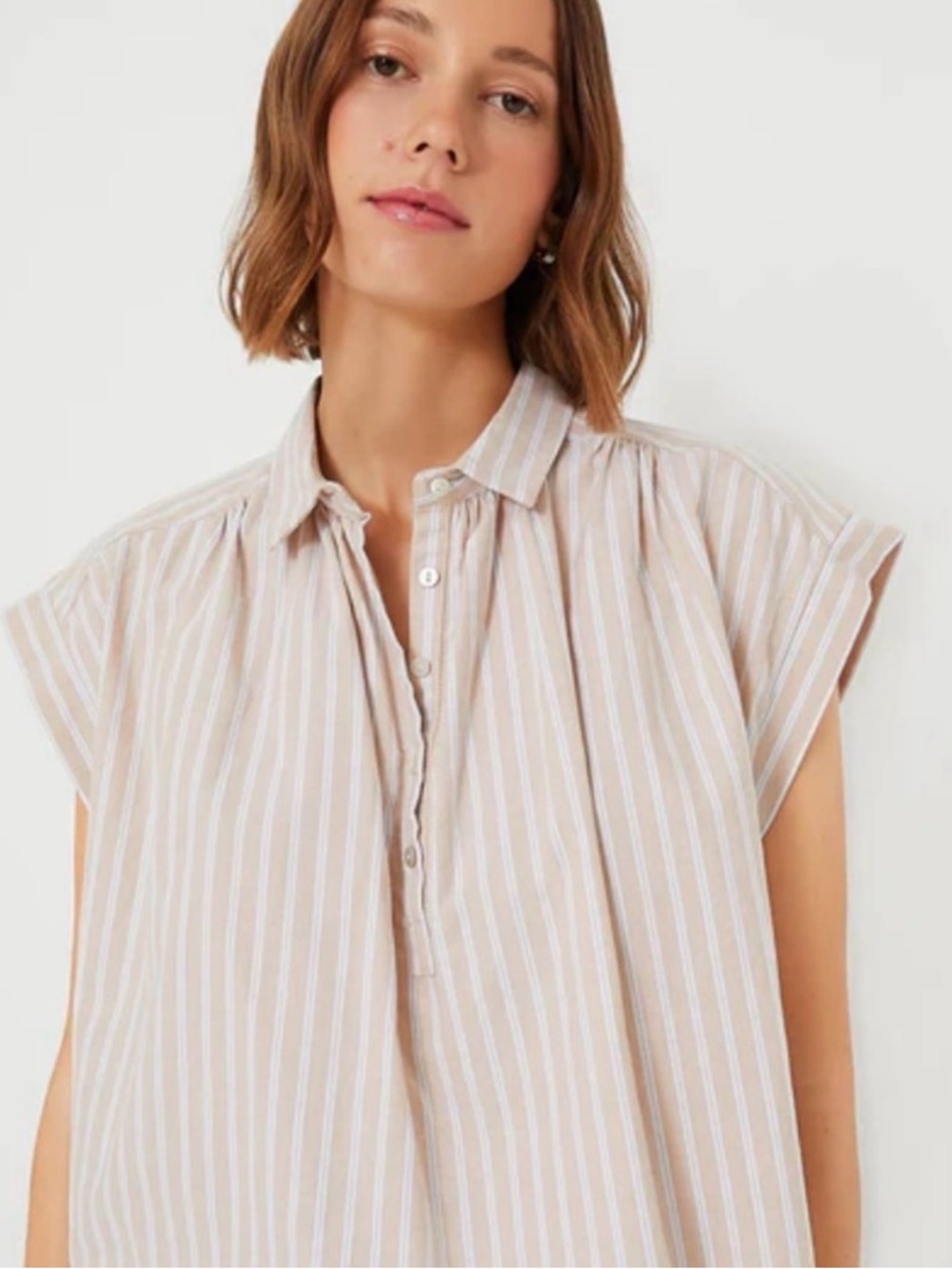 Tuckernuck Pomander Place Rosie Stripe Tan Drop Shoulder Popover Top Sz Med